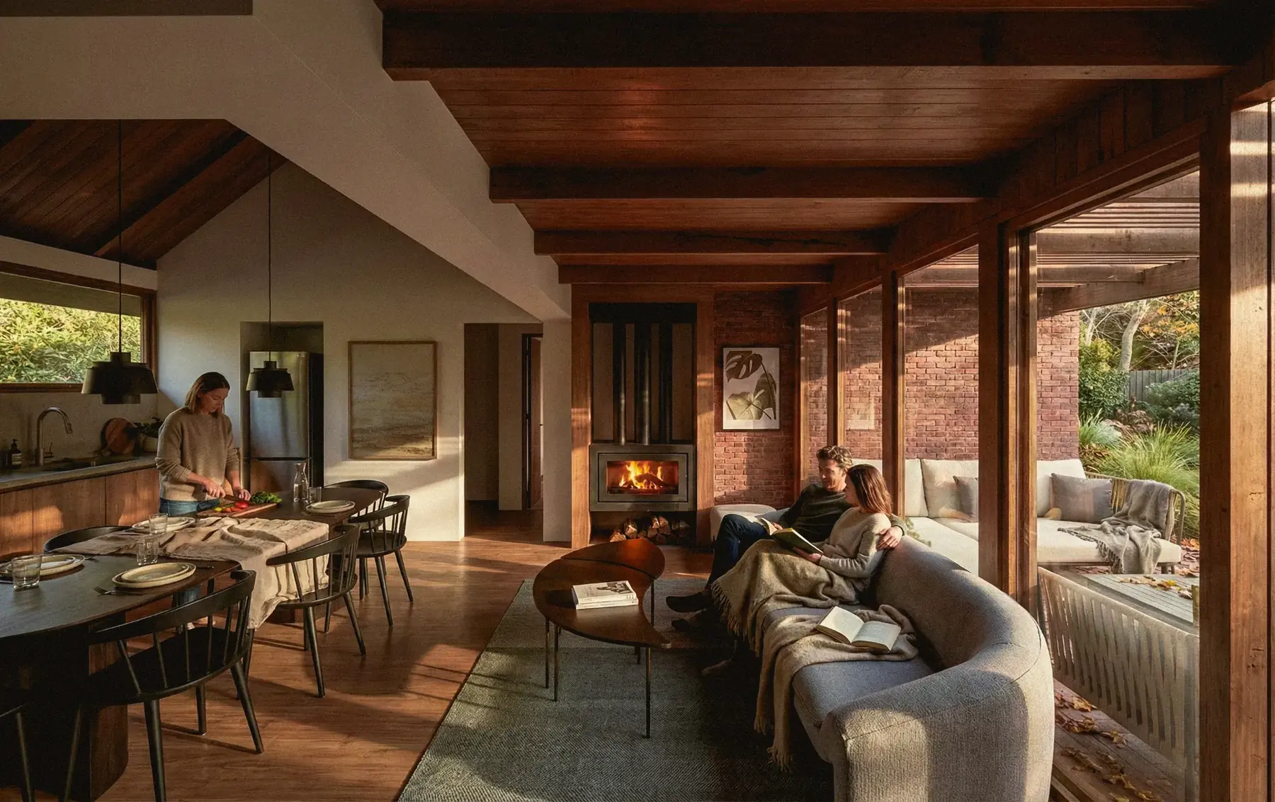 Interior de vivienda con living, cocina y galería abiertos al jardín