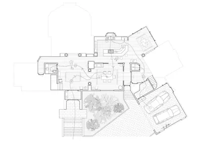 Casa de Familia Soprano. Escala_ 1:150 en A5. Recorridos y espacios donde la comida interviene.