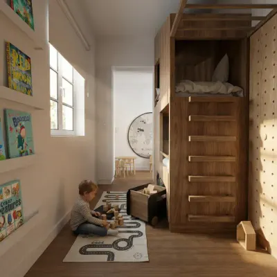 Dormitorio infantil con cama alta de madera y zona de juegos