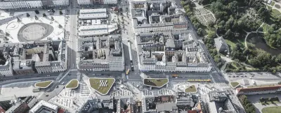 Vista aérea de Copenhague: abajo, la estación Nørreport con sus pabellones de techos redondeados y los estacionamientos de bicicletas hundidos en el piso; arriba a la izquierda, Israels Plads.
