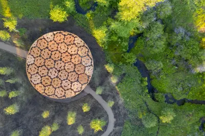 Vista aérea del pabellón Xylem: un techo circular hecho de troncos agrupados en hexágonos, entre árboles y junto a un arroyo.