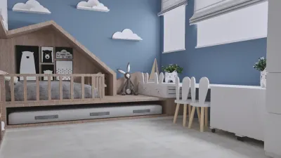 Imagen del proyecto Dormitorio Ritesh: cama de madera con forma de casita y cama nido debajo, paredes azules con estantes de nubes y una mesa chica con dos sillas de conejo.