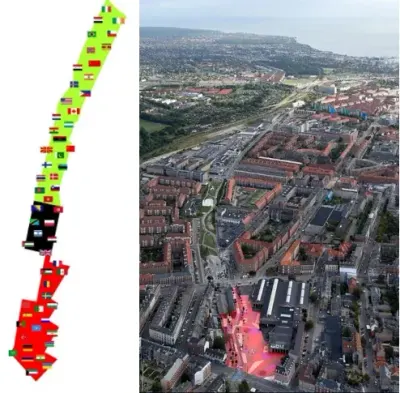 Superkilen en Nørrebro: plano con banderas de distintos países en sus tres zonas (verde, negra y roja) y vista aérea del parque.