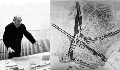 Alvar Aalto señala una maqueta junto al plano de reurbanización de Rovaniemi, con el río y las avenidas que convergen en el centro.