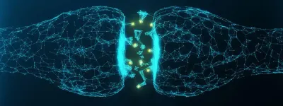 Ilustración de dos neuronas a punto de comunicarse: redes de líneas celestes y puntos de luz entre ambas, sobre fondo oscuro.