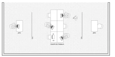 Planta de oficina: la mesa del equipo de trabajo al centro y, tras tabiques de vidrio a cada lado, el escritorio de un jefe que la vigila.